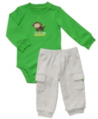 Keep him comfy so he can monkey around all day in this fun graphic bodysuit and pant set from Carter's.