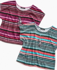 She can show off her stripes with this tee from Baby Phat, a breezy style that makes it a perfect summer style or a cute way to layer for fall.