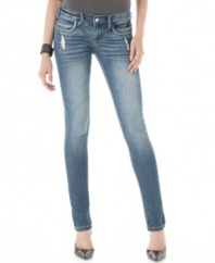 Sequins & rhinestones glam up these destroyed Dollhouse skinny jeans for a tough-chic look!