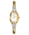 A whimsical twist makes this twinkling watch from Caravelle by Bulova a great choice. Goldtone mixed metal bracelet with sparkling crystal detailing. Mixed metal case. White dial with logo and goldtone markers. Quartz movement. Water resistant to 30 meters. Three-year limited warranty.