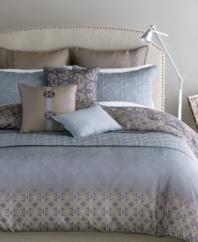 Bryan Keith offers a cool, contemporary look for the bedroom with this Kokomo comforter set, featuring an ice blue hue, fading as its moves to the foot of the bed, atop a printed pattern for a completely chic technique. Lush quilted designs are drawn into the set for layers of depth and details on the bed.
