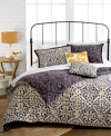A brilliant collection of soft gold and deep brown and blue, this Sunset and Vines Sahara comforter set transforms your space with a bold, eclectic ambiance. Reverses to a brown and blue vine pattern for a touch of nature-inspired charm, offering two looks in one beautiful set.