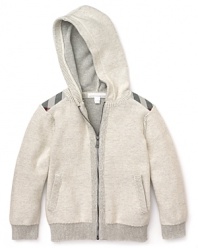 Classic style, everyday. From Burberry, a cozy hooded sweatshirt with sweet details like tonal check patches, ribbed trim and logo zip pull.