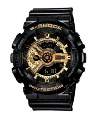 In-your-face style. There's no denying this bold watch by G-Shock. Black resin strap and round case. Gold logo embossed at bezel. Multi-layered black and gold tone analog-digital display dial features shock resistance, magnetic resistance, auto LED, flash alert, world time, four daily alarms & one snooze, stopwatch, speed indicator, countdown timer, mute function and 12/24-hour formats. Quartz movement. Water resistant to 200 meters. One-year limited warranty.