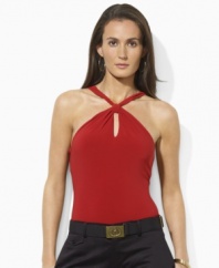 Lauren by Ralph Lauren's chic and timeless halter silhouette is flawlessly updated in slinky stretch jersey with a knot detail at the front for a distinctive flourish.