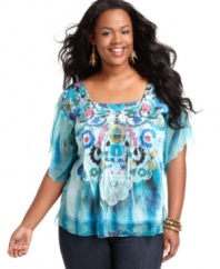 Score a standout look this spring with One World's butterfly sleeve plus size top, featuring a bold sublimated print.
