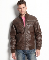Get instant cool with this hot faux-leather bomber jacket from Buffalo David Bitton.