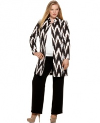 Tahari by ASL's stunning plus size pant suit is on-trend with an eye-catching ikat pattern and streamlined trench coat. A matching top and pants complete the look.