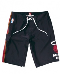 He can cheer for 'Bron, Bosh, Wade and the rest of the boys in these Miami Heat board shorts from Quiksilver.