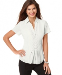 This Ellen Tracy blouse gets feminine inspiration with pleats at the placket and semi-sheer fabric. Try it with slim black pants and flats!