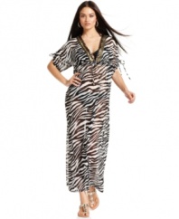 Lounge poolside in this luxe animal-print cover-up from INC--with its beaded neckline and ruched sleeves, it's so glamorous you might not want to show off your suit!
