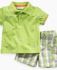Take the checkered flag! He'll be the winner by a long shot in this fun and comfy race car polo shirt and plaid short set from Blueberi Boulevard.