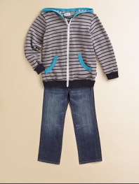 Contrasting trim meets bold stripes for an ultra-cool, stylish coverup for your little man.Attached hoodLong sleevesZip frontSplit kangaroo pockets75% modal/25% polyesterMachine washImported