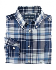 A tried-and-true button-front design is rendered in a vibrant madras plaid.