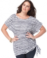 Show off one of the season's hottest trends with MICHAEL Michael Kors' short sleeve plus size top, highlighted by a striped pattern!