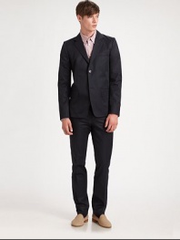 Impeccably tailored in rich, smooth cotton, this two-button suit jacket is designed the man of style who looks, feels and dresses like a power-player.Button-frontChest welt, waist flap pocketsRear ventAbout 29 from shoulder to hemCottonDry cleanImported