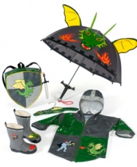 Conquer the puddles. A regal knight needs trustworthy footwear, so when it rains and pours, he can pull on these rubber rain boots and sally forth. A rainy day will become an adventure. Check out the Kidorable Dragon Knight Raincoat and Umbrella.
