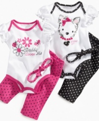 Get a little fancy. Polka dots and a headband add some special flair to her everyday activities with these darling 3-piece sets from First Impressions.