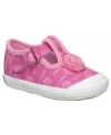 A T-strap closure on these pretty-in-pink sneakers make them a comfy choice for front yard frolicking.