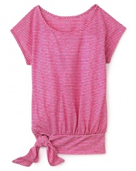 A wide banded hem with a tie at the side adds an 80's appeal to Aqua's cute striped top.