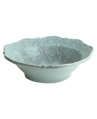 Handcrafted in the Italian tradition, the Merletto cereal bowl is intricately embellished with a lacy floral texture and painted a serene aqua hue. An elegant companion to Arte Italica dinnerware.