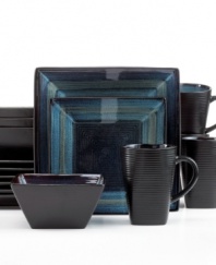Striped with shades of the sea, the Adriatic dinnerware set from Onedia caters modern tables with cool sophistication. Square forms, ribbed texture and reactive glazing lend one-of-a-kind style to service for four.