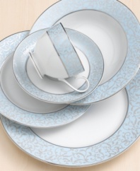 A delicate, floral-inspired pattern in a soft shade of blue is the perfect contract to gleaming china. Platinum trim lends an elegant accent. (Clearance)