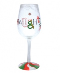 Be nice and get a little naughty with this sassy, hand-painted wine glass from Lolita. Glitter and rhinestones bring the message home with a festive peppermint-swirl base. Mix up a fresh drink following the recipe on its base.
