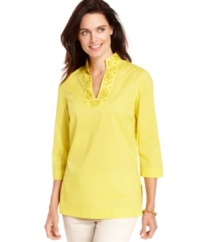 Pretty beading at the neckline makes a sparkling splash on this tunic from Jones New York Signature. Available in two cheery colors, it instantly brightens up any casual day!