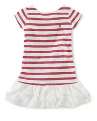 Sweet cascading ruffles adorn the hem of a striped jersey dress for girlish flair.