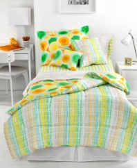 Bright and early! Get an eye-opening burst of color with this Raven Citrus comforter set, boasting stripe and circle designs in neon yellow, green, blue and orange hues. All pieces are reversible so you can mix and match for your perfect combination.