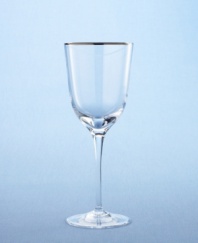 Martha Stewart likes her wine goblets with a softer, rounded profile for a lovely, understated elegance. She enjoys the tactile pleasure afforded by the form and clarity of fine crystal. Designed as a perfect counterpoint for formal table settings, or to add a bit of sparkle to casual gatherings, Bracelet is pure lead crystal, embellished only with a thin band of silver for quiet decoration.