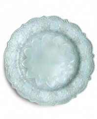 Handcrafted in the Italian tradition, the Merletto dinner plate is intricately embellished with a lacy floral texture and painted a serene aqua hue. An elegant companion to Arte Italica dinnerware.