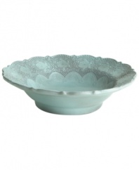 Handcrafted in the Italian tradition, the Merletto serving bowl is intricately embellished with a lacy floral texture and painted a serene aqua hue. An elegant companion to Arte Italica dinnerware.