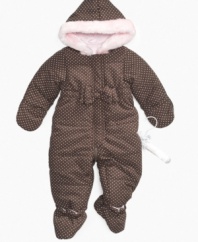Bundle her in cuteness in this cozy hooded and footed polka-dot snowsuit from First Impressions.