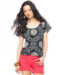 Refresh your wardrobe for summer with a boho-chic top from Lucky Brand Jeans. A pretty print and crochet, beaded trim are folksy details that lend the right amount of whimsy to your favorite jeans!