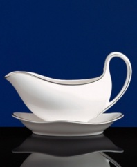 The classic, heirloom-quality Sterling dinnerware and dishes pattern by Wedgwood is designed for formal entertaining, in pristine white bone china banded with polished platinum.