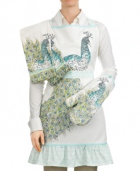 In fine feather, the Peacock apron layers glorious plumes, a beautiful bird and teal piping in pure cotton with a sweet, ruffled skirt. A must with Edie Rose by Rachel Bilson dinnerware and table linens.