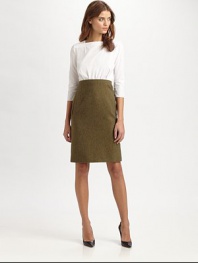 Cotton boatneck pairs with a high-waisted wool tweed skirt for a look that smoothly transitions from work hours to after hours. BoatneckThree-quarter sleevesAttached wool skirtSlash pocketsInvisible back zipperAbout 23 from natural waistBody: WoolContrast: CottonDry cleanImportedModel shown is 5'10 (177cm) wearing US size 4.