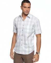 Studied style. Clean lines on this plaid-patterned shirt will have you looking sharp whether you're hitting the beach or skipping summer school.