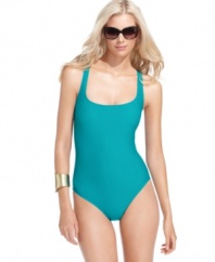 All strapped in: MICHAEL Michael Kors' swimsuit features a sexy, strappy back that's sure to turn heads!