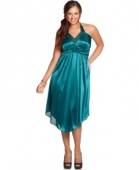 Be the queen of the night with Trixxi's halter plus size dress, finished by a beaded neckline and handkerchief hem. (Clearance)