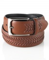 Liven up your look with the subtle texture of this woven leather inlay belt from Tasso Elba.