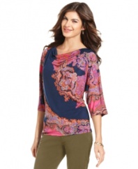 A bright paisley-inspired print enlivens this Jones New York Signature top. Perk up casual days by pairing it with colored jeans!