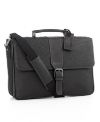 Let your tech stuff travel in the lap of luxury, surrounded by rich, full-grain cowhide leather. Kenneth Cole's computer case features a double compartment design with a business organizer and a padded computer pocket to protect your laptop. Limited lifetime warranty.