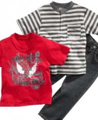 Start your engines! He'll be ready to race around in style with this tee shirt, polo shirt and jeans set from Nannette.