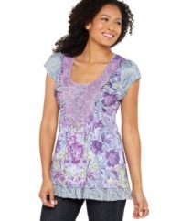 One World's floral tunic features a feminine lace yoke and a tiered hem. Studs give it just the right amount of edge!