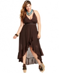 Make an on-trend statement with Baby Phat's plus size maxi dress, punctuated by a ruffled high-low hem.