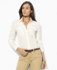 Inspired by rugged safari looks, Lauren by Ralph Lauren's classic shirt is updated for chic femininity in airy, fluid silk.