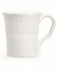 More than charming, the Blanc Elisabeth mug from Versailles Maison incorporates a scalloped edge, floral medallions and soft white finish to perfect vintage-style settings.